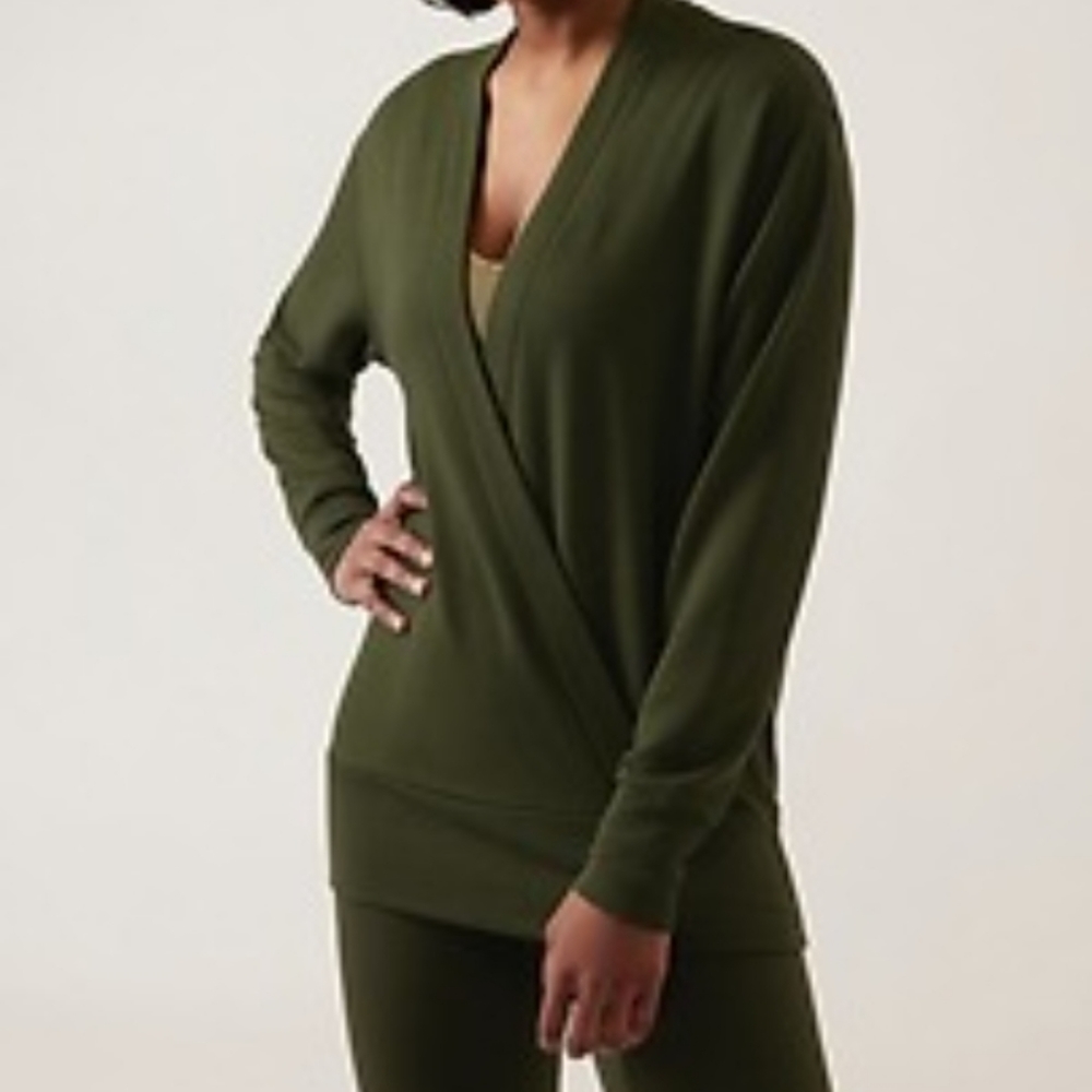 NWT Athleta Purana V-Neck Wrap Sweatshirt, Aspen Olive